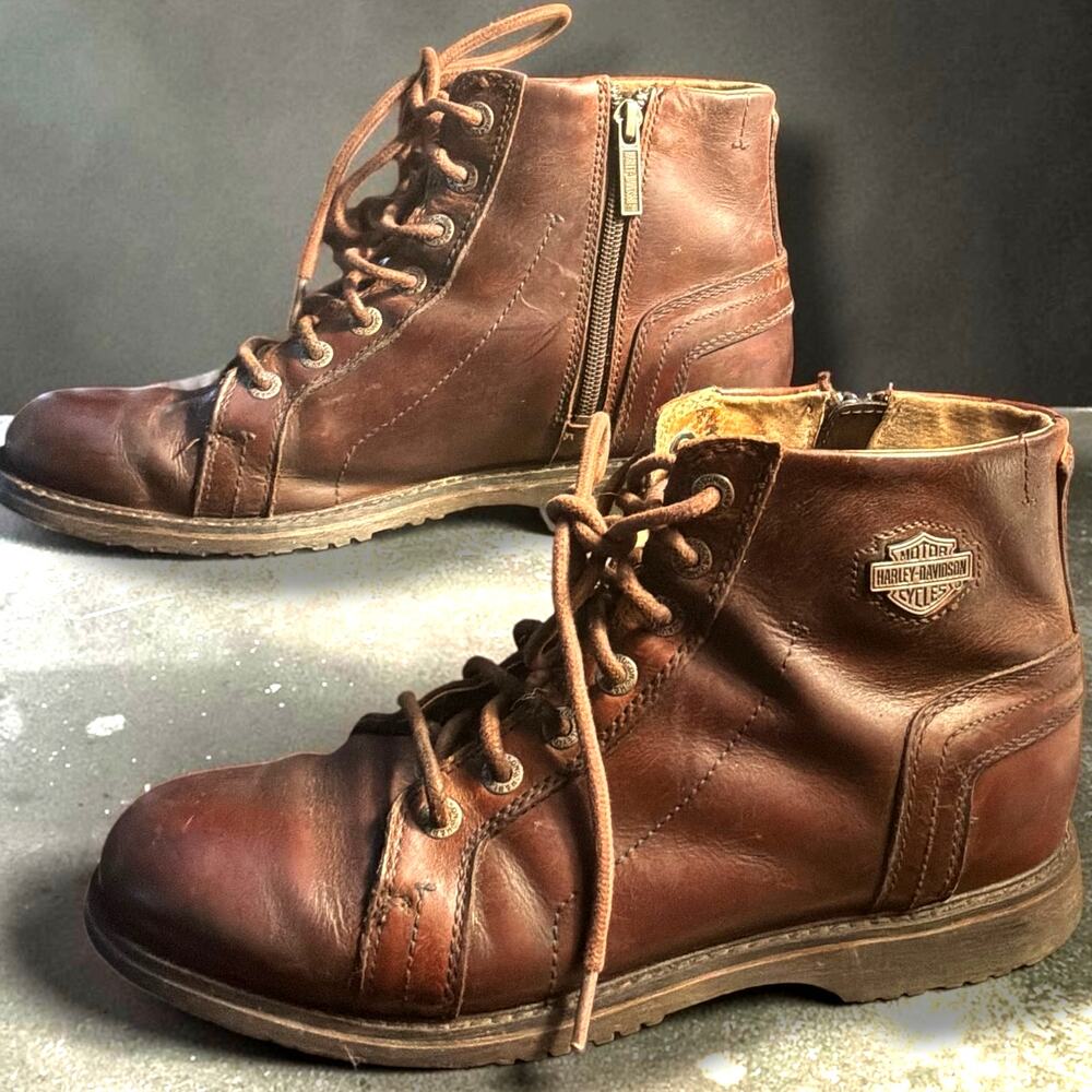 Men's 9 HARLEY-DAVIDSON "Stratford" Vintage Brown Leather Side Zip Biker Boots t